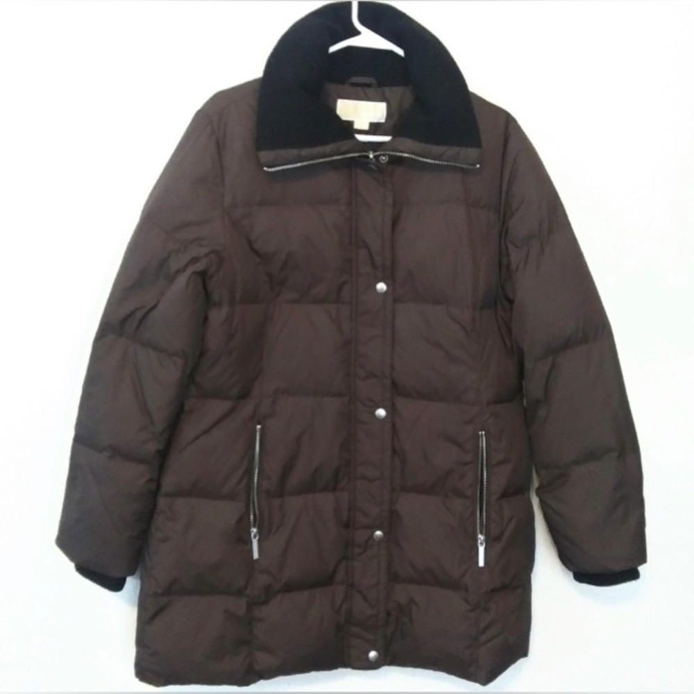 Michael Kors Women’s Puffer Medium Quilted Down Fill Brown Snap Zip Up High Neck